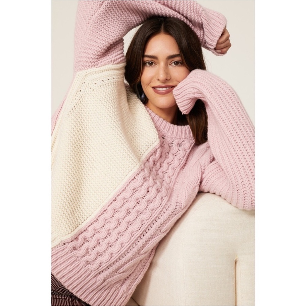 Stine Goya Blanci Patchwork Chunky Cable Knit Sweater Wool Blend, Size Large